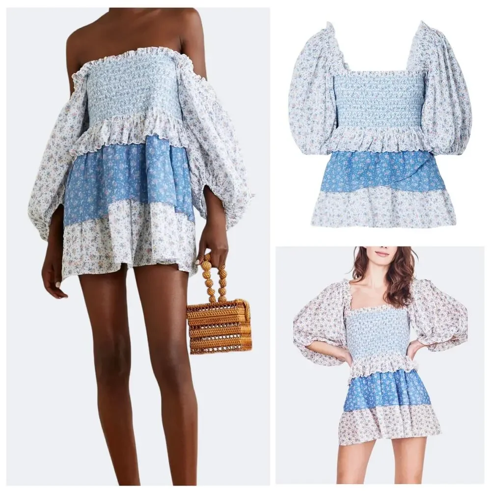 LoveShackFancy NWOT Shaw Large Blue Micro Mini Dress Floral Tiered Tunic - Picture 11 of 16